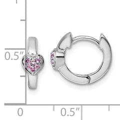 Sterling Silver Rhodium-plated Polished Pink CZ Heart 2mm x 11mm Hinged Hoop Earrings