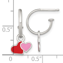 Sterling Silver Polished Red and Pink Enameled Hearts Dangle Childrens C-Hoop Post Earrings