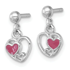 Sterling Silver Rhodium-plated Polished with Pink Enamel Triple Heart Post Dangle Earrings