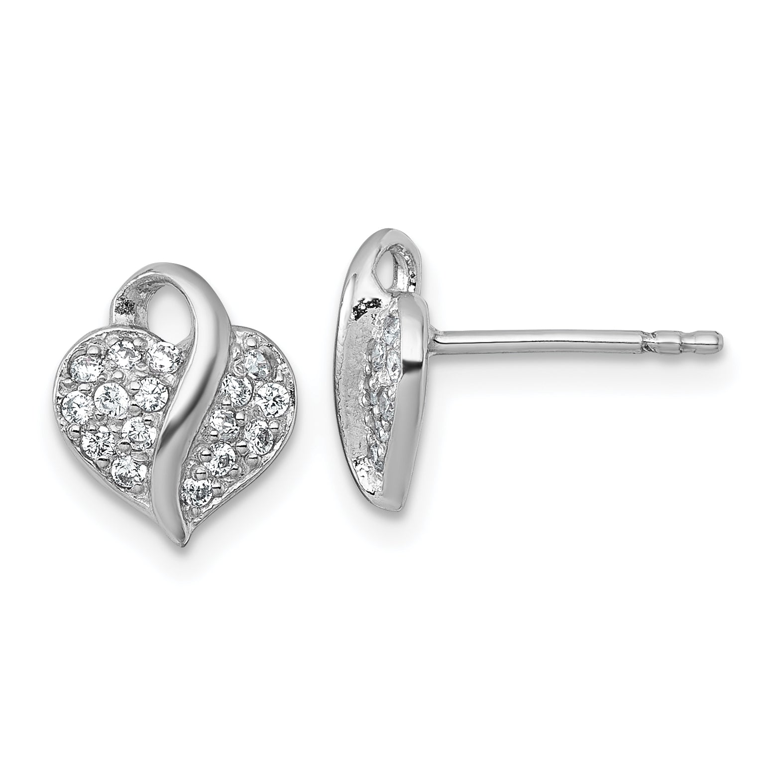 Sterling Silver Rhodium-plated Polished Pave CZ Heart Childrens Post Earrings