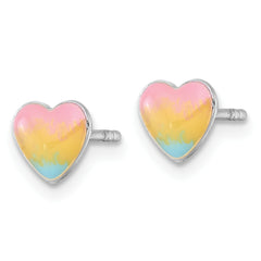 Sterling Silver Madi K Rhodium-plated Enameled Pastel Rainbow Heart Childrens Post Earrings