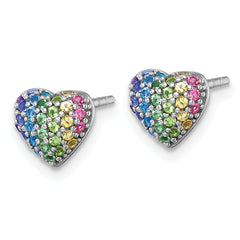 Sterling Silver Rhodium-plated Polished Rainbow Nano Crystals Heart Shape Childrens Post Earrings