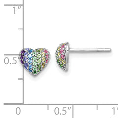 Sterling Silver Rhodium-plated Polished Rainbow Nano Crystals Heart Shape Childrens Post Earrings