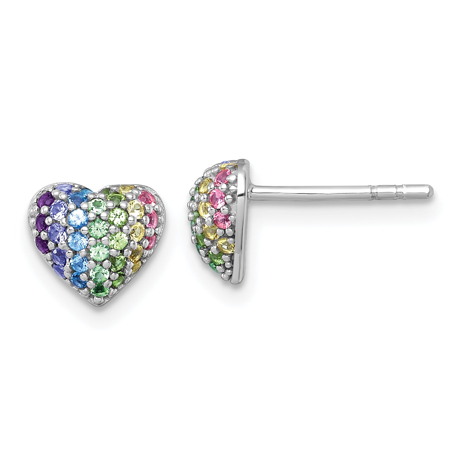 Sterling Silver Rhodium-plated Polished Rainbow Nano Crystals Heart Shape Childrens Post Earrings