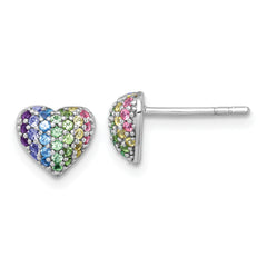 Sterling Silver Rhodium-plated Polished Rainbow Nano Crystals Heart Shape Childrens Post Earrings
