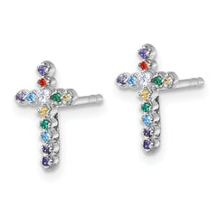 Sterling Silver Rhodium-plated Polished Multi-color CZ Cross Post Earrings