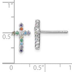 Sterling Silver Rhodium-plated Polished Multi-color CZ Cross Post Earrings