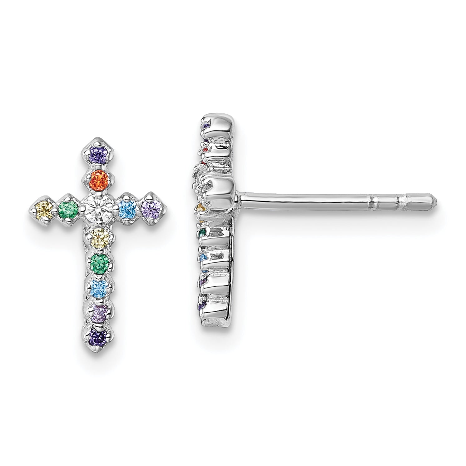 Sterling Silver Rhodium-plated Polished Multi-color CZ Cross Post Earrings