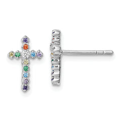 Sterling Silver Rhodium-plated Polished Multi-color CZ Cross Post Earrings