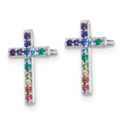 Sterling Silver Rhodium-plated Polished Rainbow Nano Crystals Childrens Cross Post Earrings