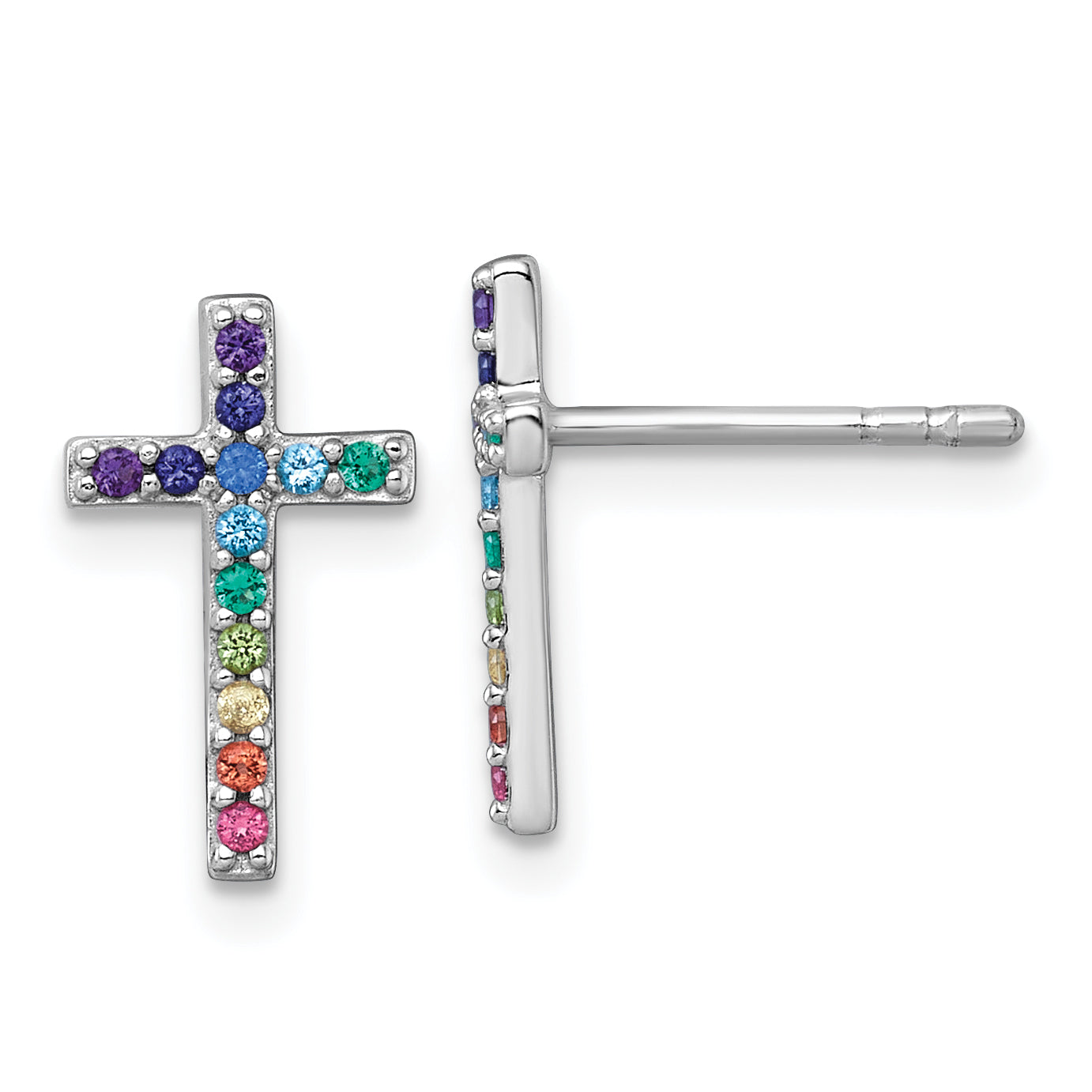 Sterling Silver Rhodium-plated Polished Rainbow Nano Crystals Childrens Cross Post Earrings