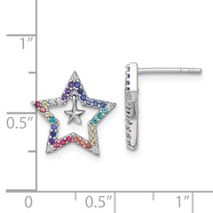 Sterling Silver Rhodium-plated Polished Rainbow Nano Crystals Star with Mini Star Dangle Childrens Post Earrings