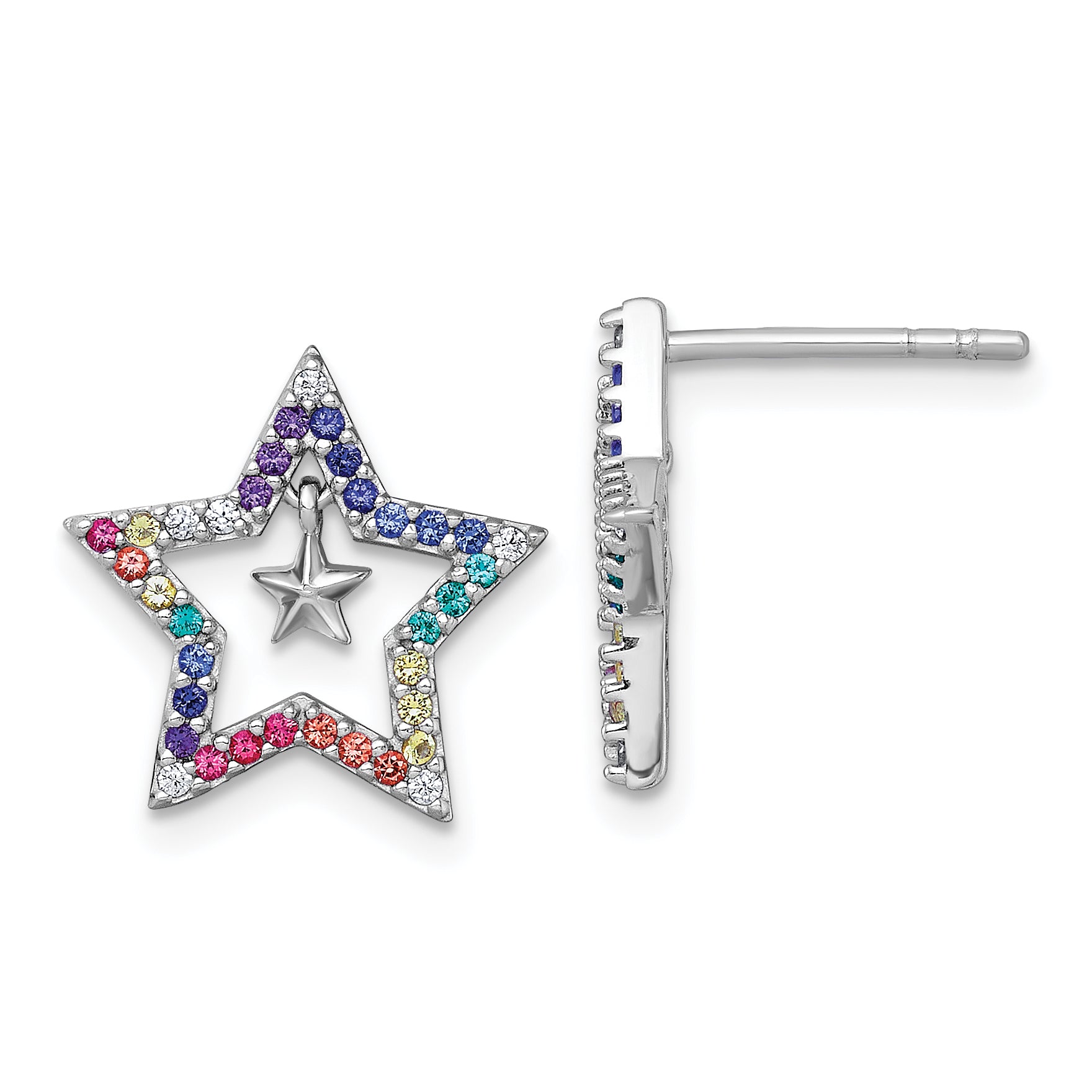 Sterling Silver Rhodium-plated Polished Rainbow Nano Crystals Star with Mini Star Dangle Childrens Post Earrings
