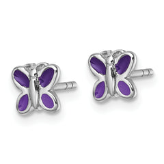 Sterling Silver Rhodium-plated Children's Purple Enamel Butterfly Post Earrings