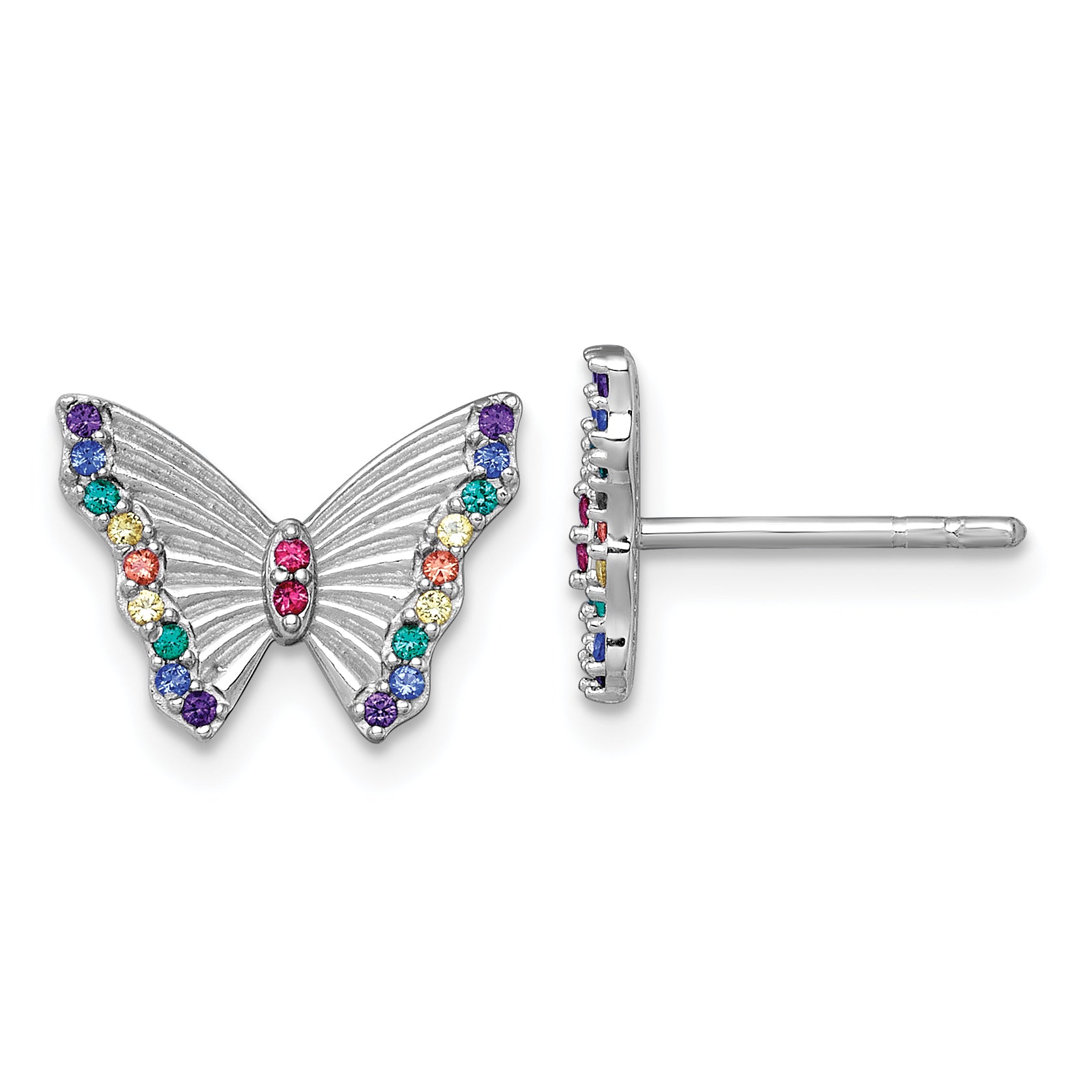 Sterling Silver Rhodium-plated Polished Rainbow Nano Crystals Butterfly Childrens Post Earrings