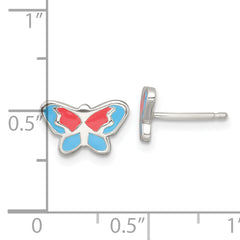 Sterling Silver Polished Orange and Blue Enameled Butterfly Childrens Post Earrings