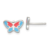 Sterling Silver Polished Orange and Blue Enameled Butterfly Childrens Post Earrings