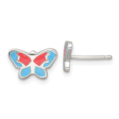 Sterling Silver Polished Orange and Blue Enameled Butterfly Childrens Post Earrings