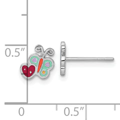 Sterling Silver Rhodium-plated Polished Green/Yellow/Orange/Red Enamel Butterfly And Heart Childrens Post Earrings