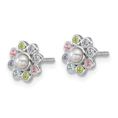Sterling Silver Rhodium-plated Polished Green, Pink, Blue and Purple CZ and Freshwater Cultured Pearl Flower Post Earrings
