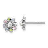 Sterling Silver Rhodium-plated Polished Green, Pink, Blue and Purple CZ and Freshwater Cultured Pearl Flower Post Earrings