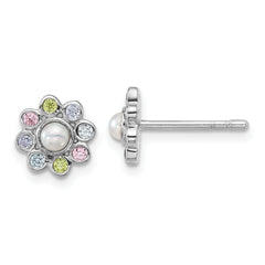 Sterling Silver Rhodium-plated Polished Green, Pink, Blue and Purple CZ and Freshwater Cultured Pearl Flower Post Earrings