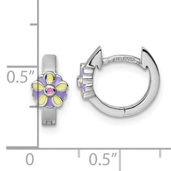 Sterling Silver Rhodium-plated Children's Purple, Yellow and Pink Enamel Flower Hinged Hoop Earrings