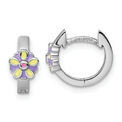 Sterling Silver Rhodium-plated Children's Purple, Yellow and Pink Enamel Flower Hinged Hoop Earrings