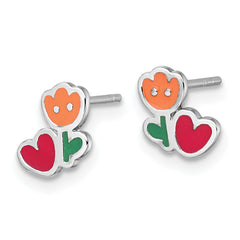 Sterling Silver Rhodium-plated Polished Orange/Red/Green Enamel Flower With Heart Childrens Post Earrings