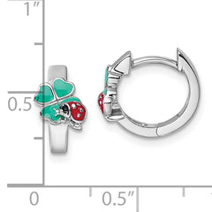 Sterling Silver Rhodium-plated Children's Green, Red and Black Enamel Ladybug 4-Leaf Clover Hinged Hoop Earrings