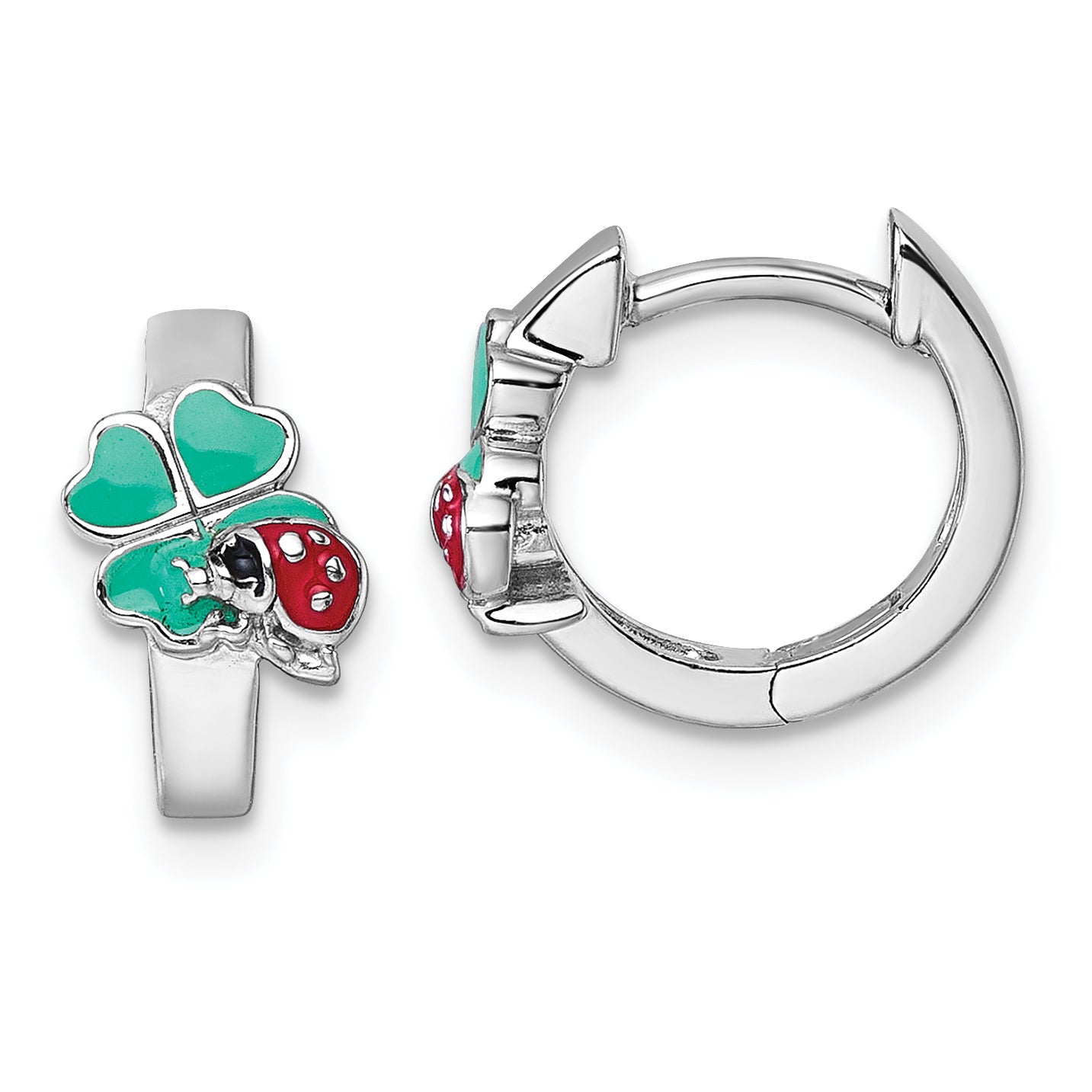 Sterling Silver Rhodium-plated Children's Green, Red and Black Enamel Ladybug 4-Leaf Clover Hinged Hoop Earrings
