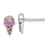 Sterling Silver Rhodium-plated Children's Pink and Brown Enamel with CZ Ice Cream Cone Post Earrings