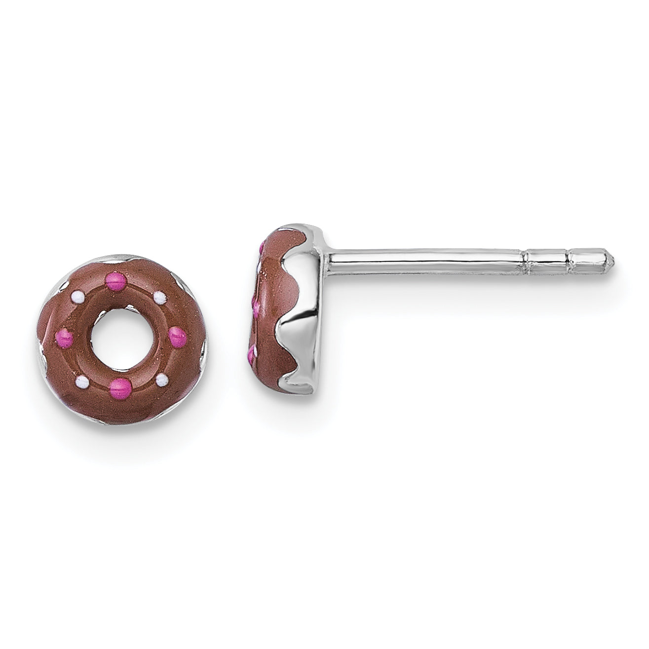 Sterling Silver Rhodium-plated Children's Brown with Pink and White Enamel Sprinkled Donut Post Earrings
