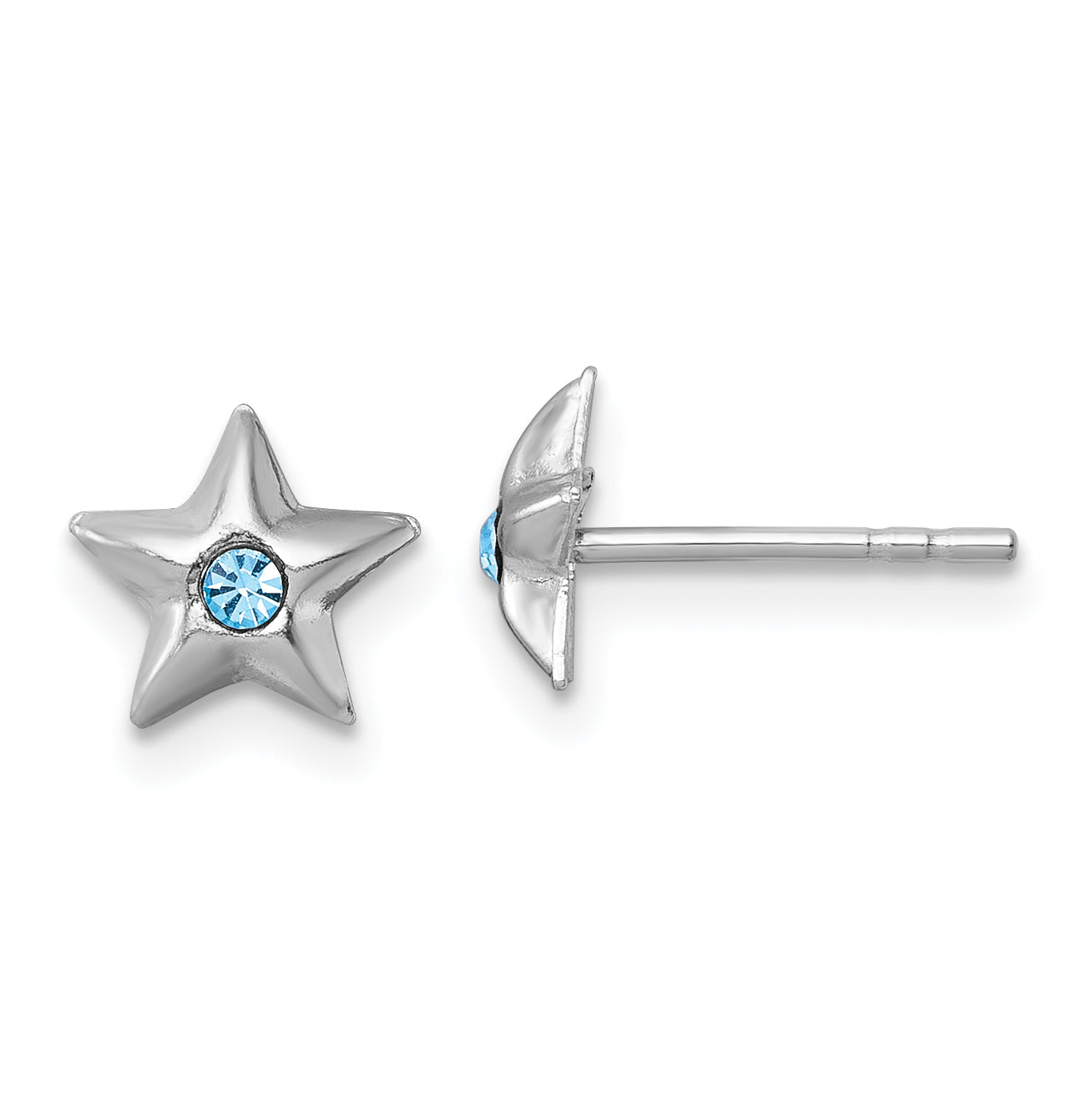 Sterling Silver Madi K Rhodium-plated Polished Blue Crystal Center Star Childrens Post Earrings