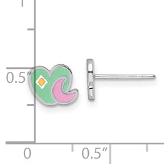 Sterling Silver Rhodium-plated Polished Green/Pink/Yellow Enamel Heart And Moon Childrens Post Earrings
