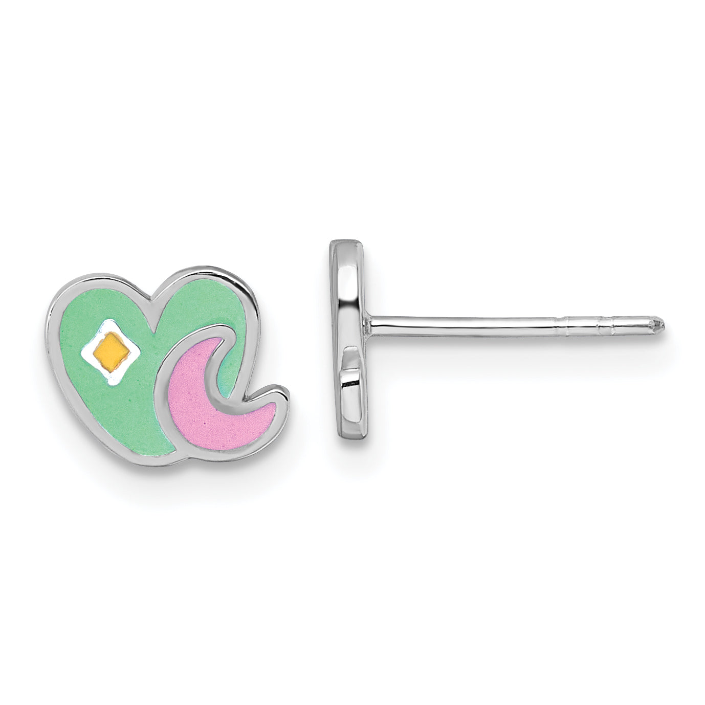 Sterling Silver Rhodium-plated Polished Green/Pink/Yellow Enamel Heart And Moon Childrens Post Earrings