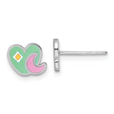 Sterling Silver Rhodium-plated Polished Green/Pink/Yellow Enamel Heart And Moon Childrens Post Earrings