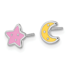 Sterling Silver Rhodium-plated Polished Pink and Yellow Enamel Moon and Star Mismatched Childrens Post Earrings