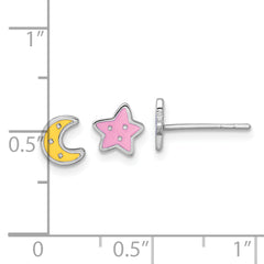 Sterling Silver Rhodium-plated Polished Pink and Yellow Enamel Moon and Star Mismatched Childrens Post Earrings