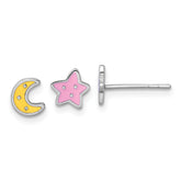 Sterling Silver Rhodium-plated Polished Pink and Yellow Enamel Moon and Star Mismatched Childrens Post Earrings