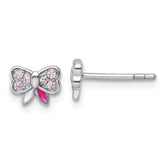 Sterling Silver Rhodium-plated Children's Pink CZ with Pink and White Enamel Bow Post Earrings