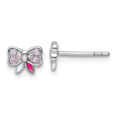 Sterling Silver Rhodium-plated Children's Pink CZ with Pink and White Enamel Bow Post Earrings