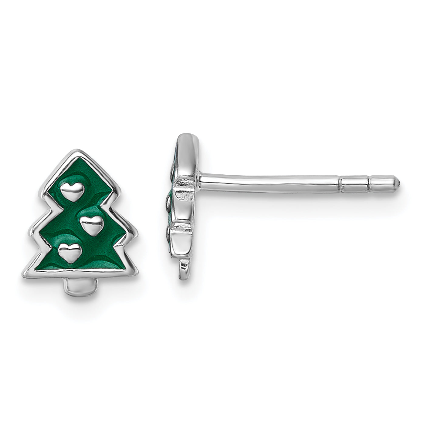Sterling Silver Rhodium-plated Children's Green Enamel Christmas Tree with Hearts Post Earrings
