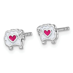 Sterling Silver Rhodium-plated Children's White and Pink Enamel Sheep with Heart Post Earrings