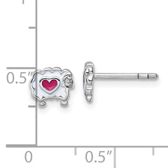 Sterling Silver Rhodium-plated Children's White and Pink Enamel Sheep with Heart Post Earrings