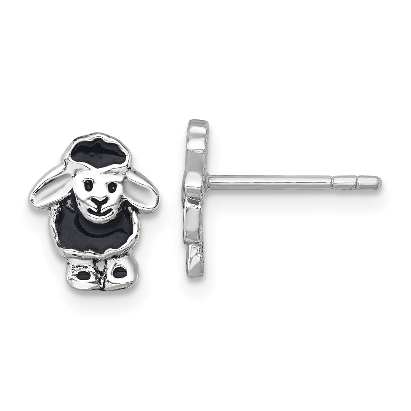 Sterling Silver Rhodium-plated Polished with Black Enamel Sheep Post Earrings