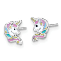Sterling Silver Rhodium-plated Polished White and Rainbow Enamel Unicorn Head Childrens Post Earrings