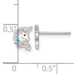 Sterling Silver Rhodium-plated Polished White and Rainbow Enamel Unicorn Head Childrens Post Earrings