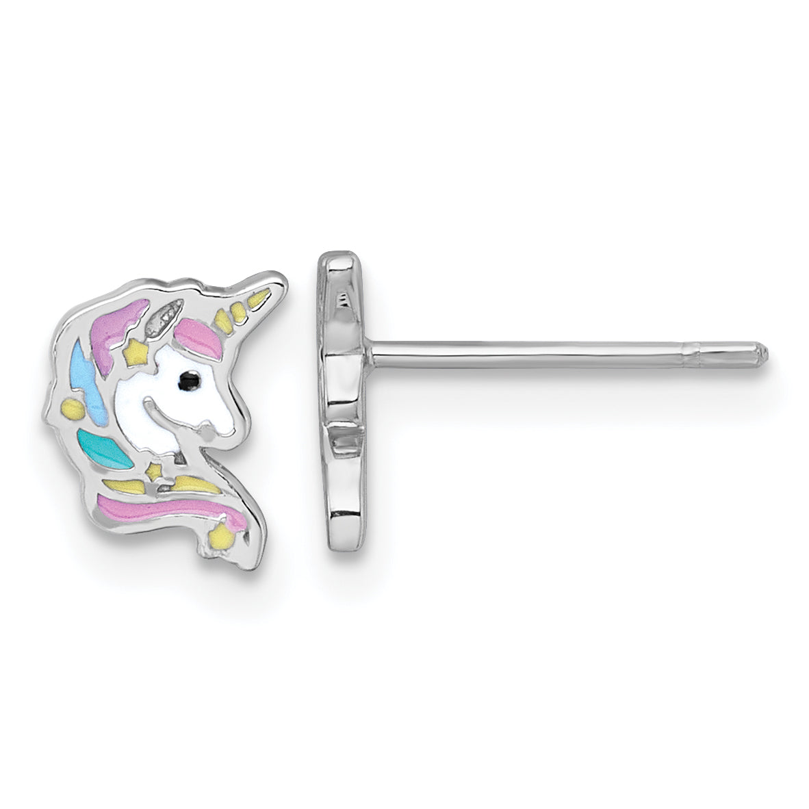Sterling Silver Rhodium-plated Polished White and Rainbow Enamel Unicorn Head Childrens Post Earrings