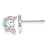 Sterling Silver Rhodium-plated Polished White and Rainbow Enamel Unicorn Head Childrens Post Earrings